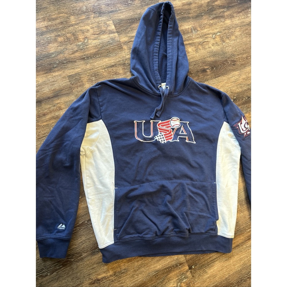 Majestic USA Baseball Hoodie Men XL Navy White Colorblock Pullover Sweatshirt